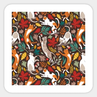 Autumn joy // pattern // brown oak background cats dancing with many leaves in fall colors Sticker